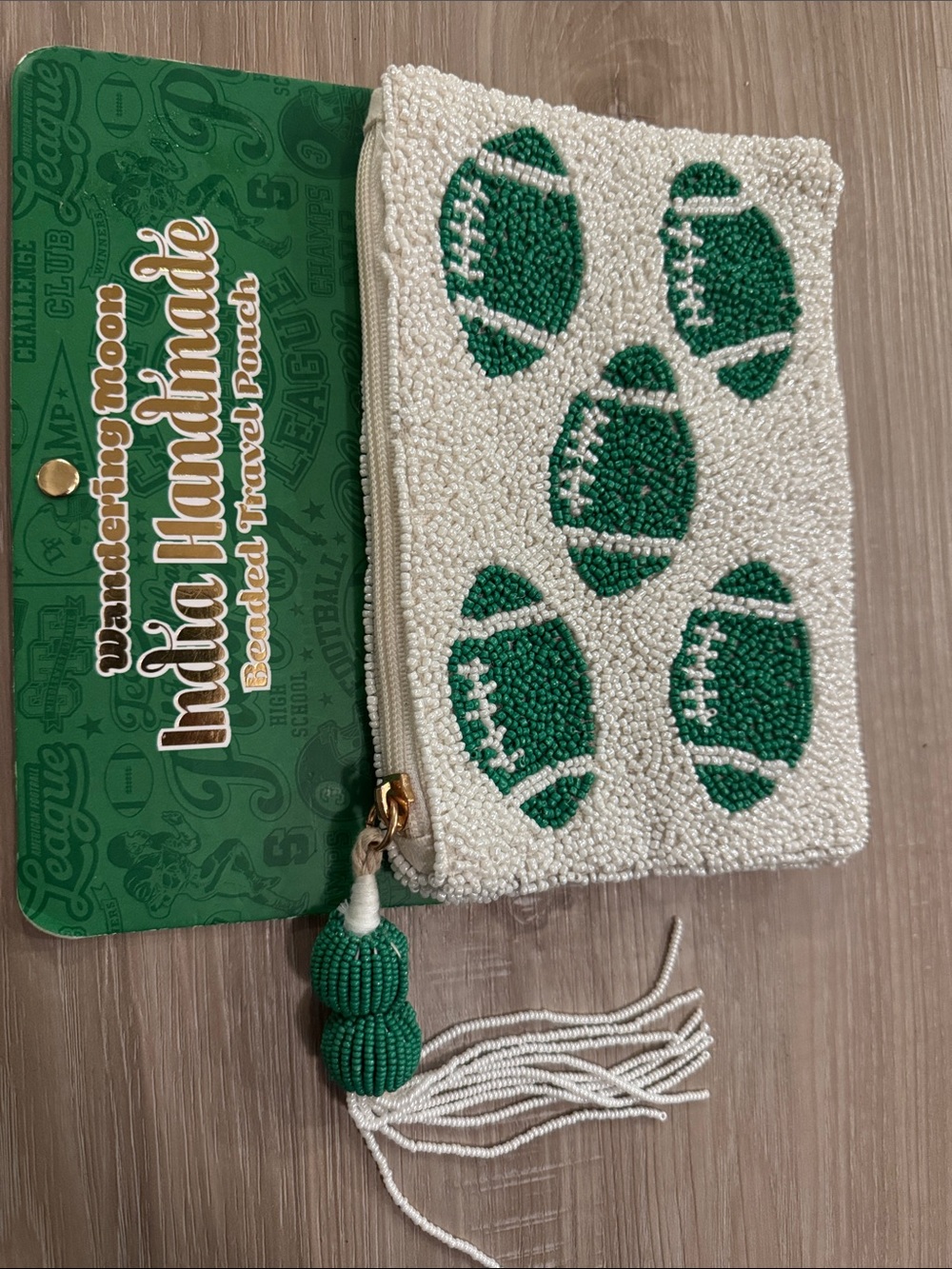 Indie Handmade Beaded White & Green Football Card Holder - Picture 3 of 9